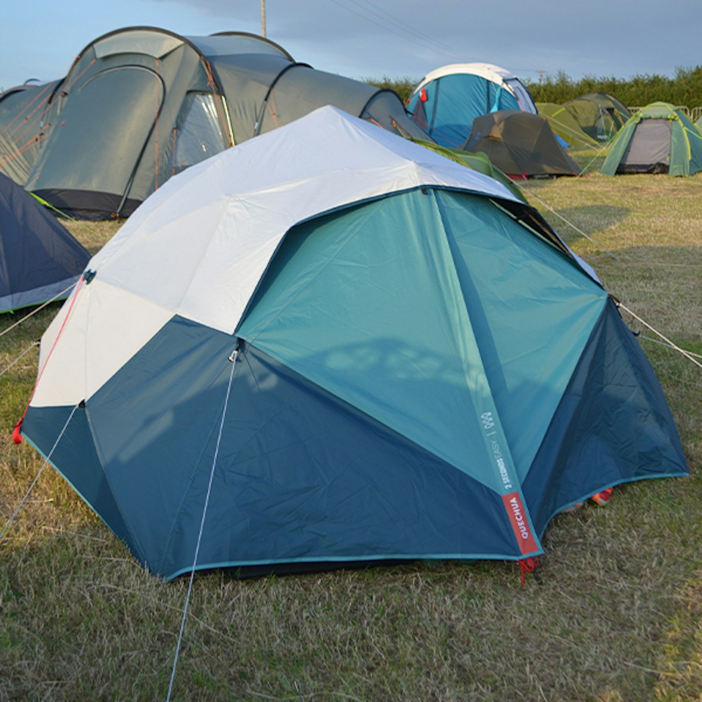 Decathlon Quecha blackout three person tent pitched at love trails running festival