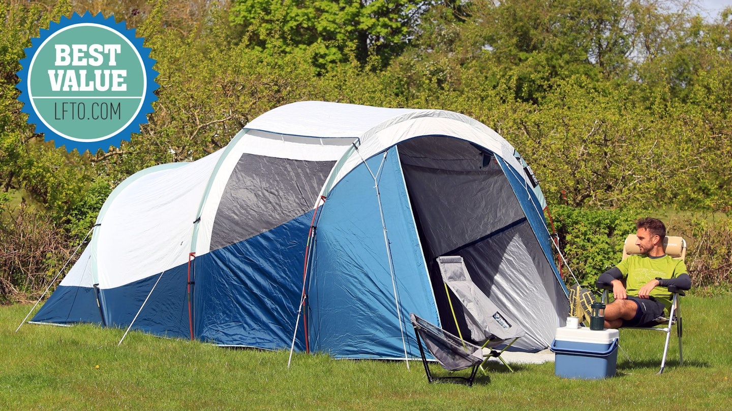 Shot of LFTO team testing the Decathlon Quechua Arpenaz 4.1 F&B tent with Best Value award logo