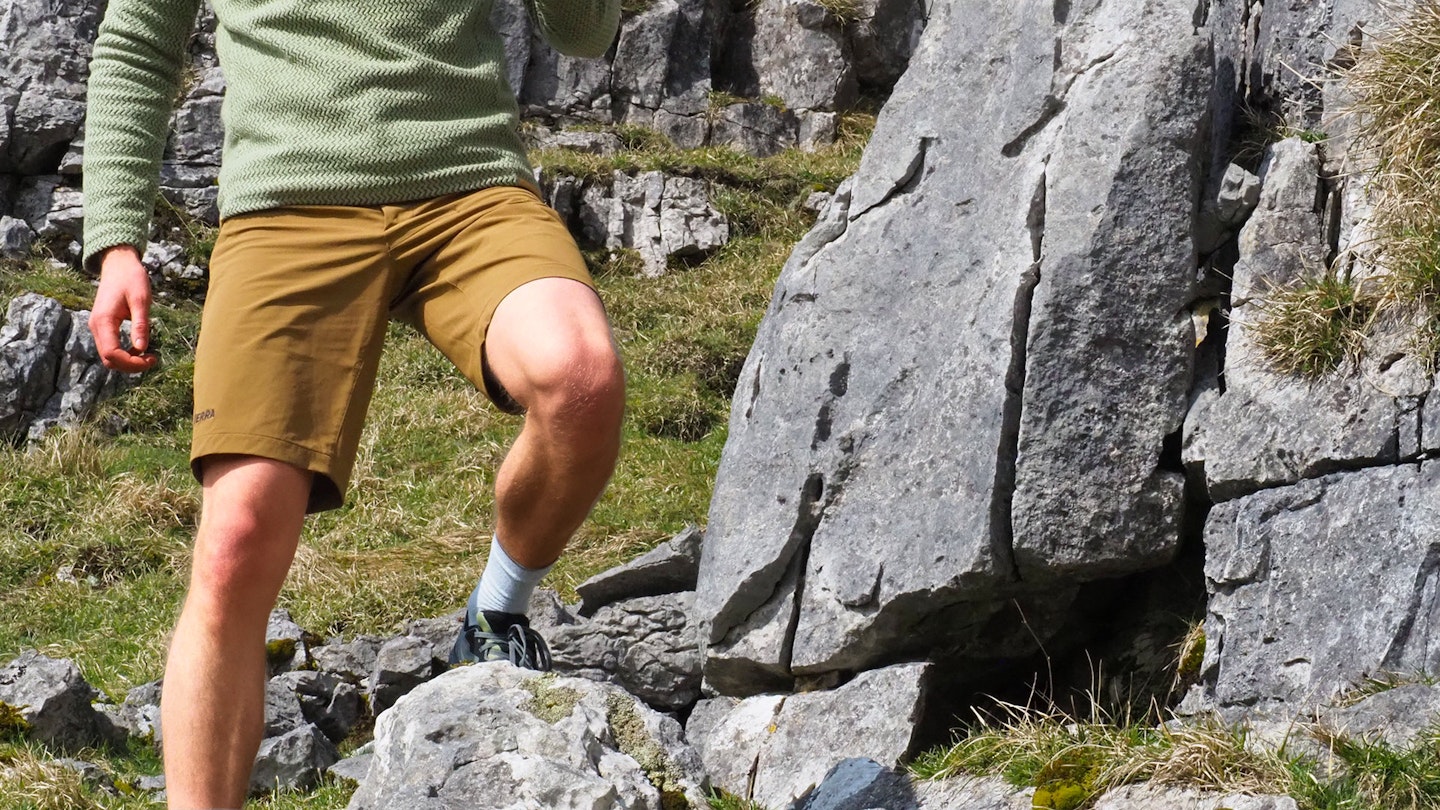 Hiker standing on a rock wearing Tierra Tarfala Shorts