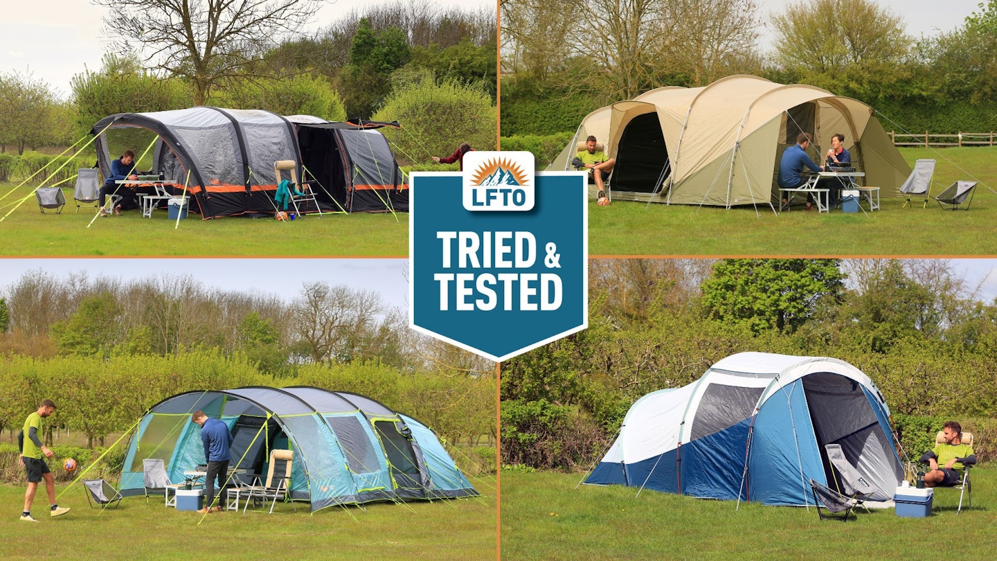 Photos of the LFTO team testing family tents with LFTO Tried and Tested logo