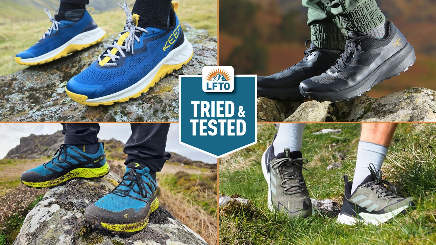 Four of LFTO's favourite hiking shoes with LFTO Tried and Tested logo