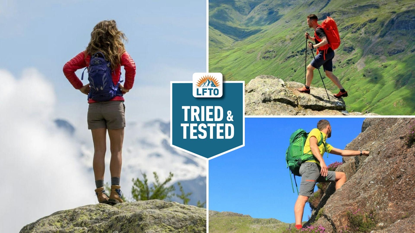 Hikers wearing hiking shorts, with LFTO 'Tried and Tested' logo