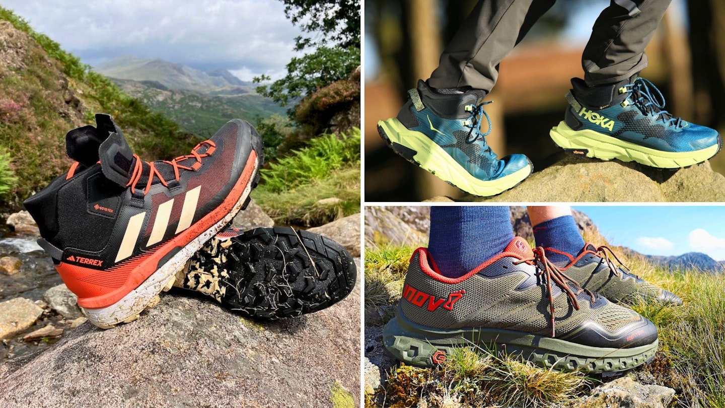 3 photos of lightweight hiking boots and shoes being tested