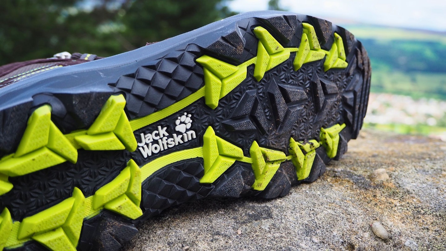 Outsole and lug pattern of a Jack Wolfskin hiking boot