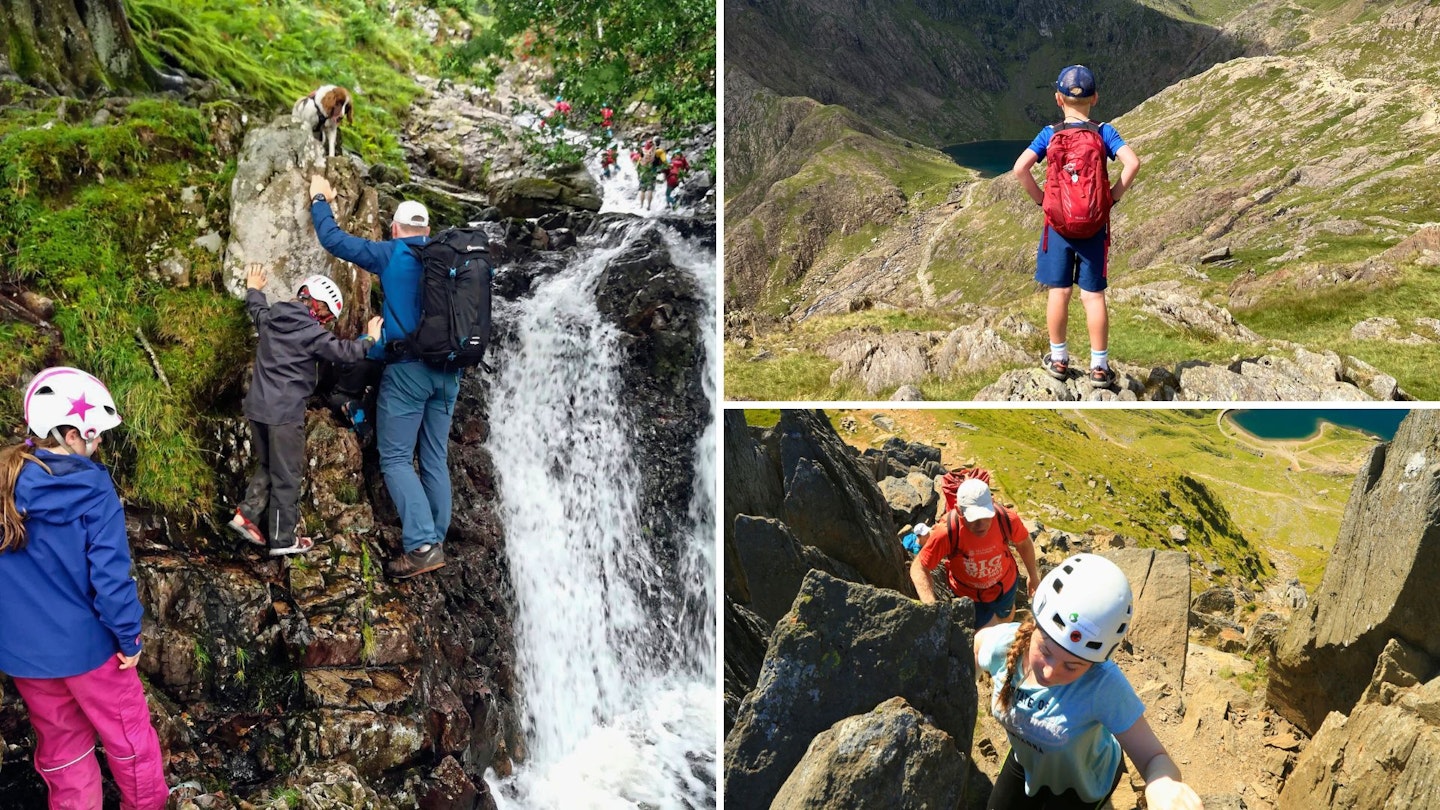 Three photos of a hiker scrambling with his children