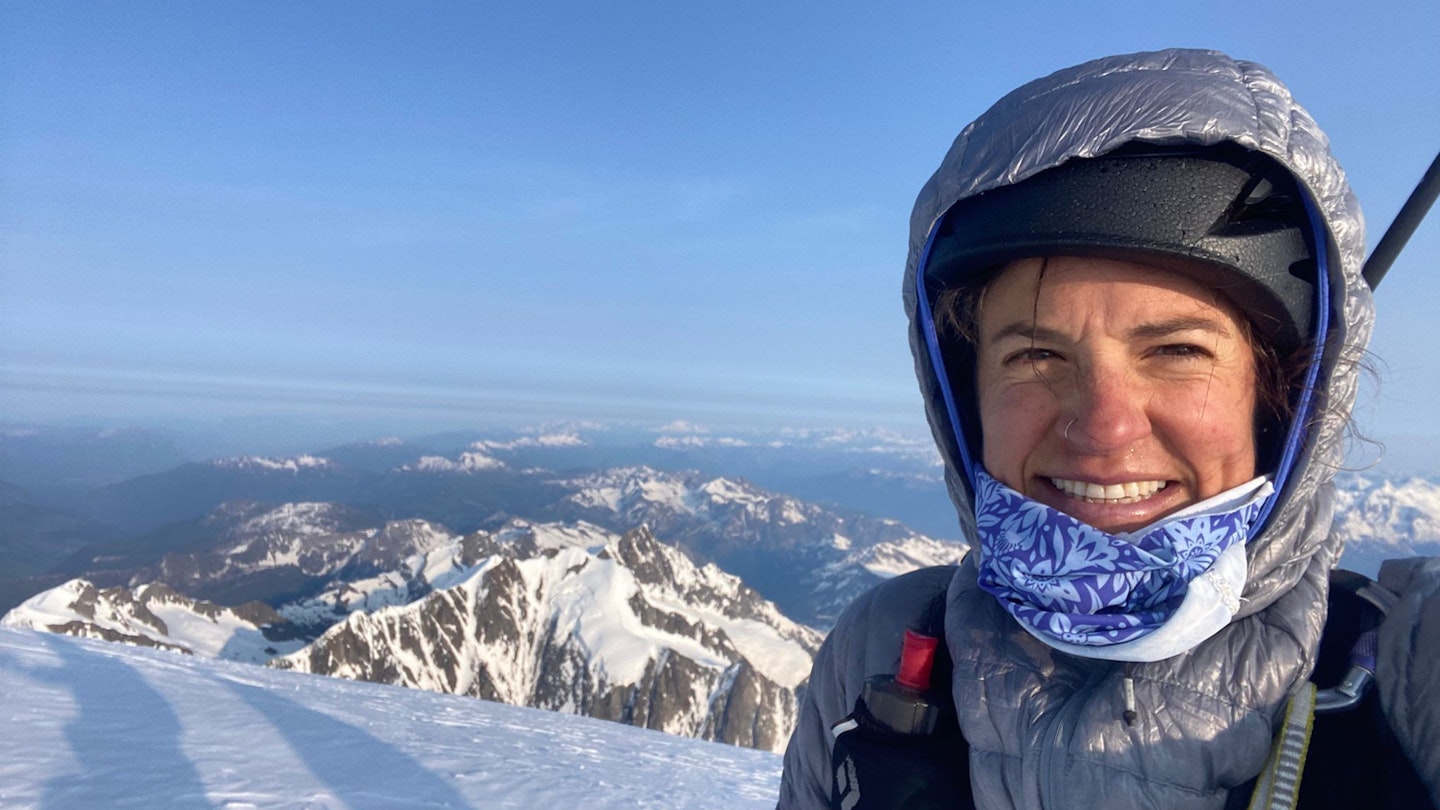 Gerardi on the summit of Mont Blanc in black diamond gear