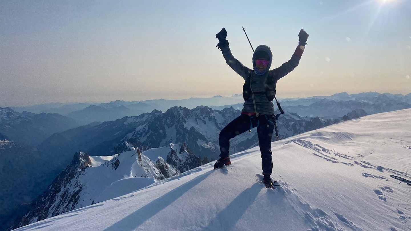 Hillary Gerardi on the summit of Mont Blanc in black diamond gear