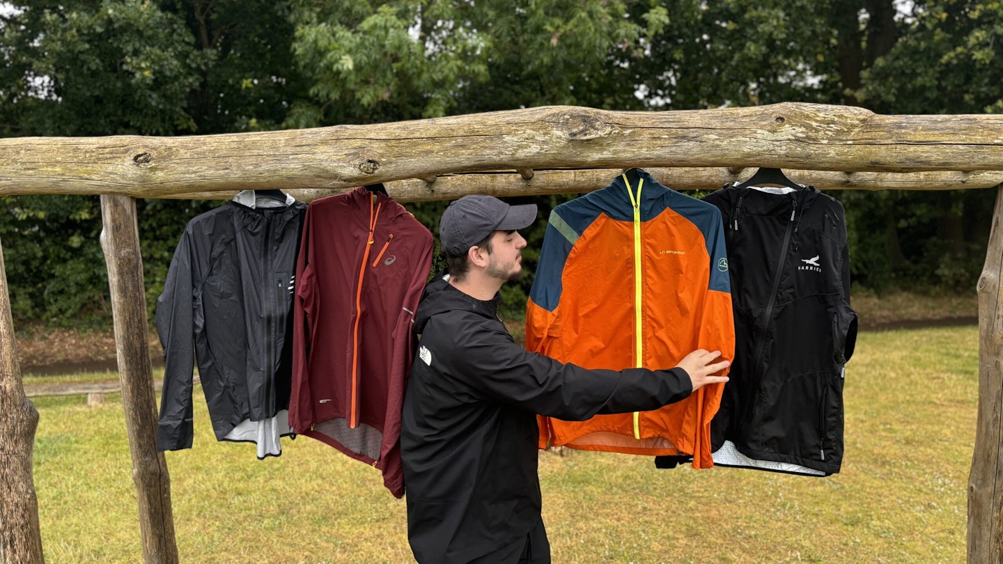 Setting up waterproof running jackets for a photo