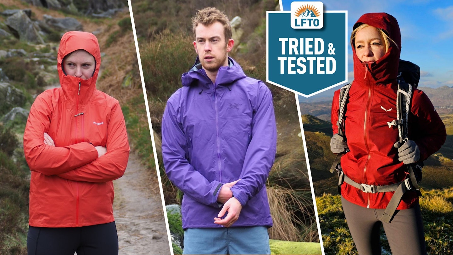 Three LFTO gear testers wearing lightweight waterproof jackets