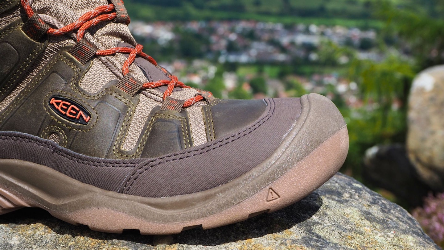 Closeup of a Keen hiking boot toe cap