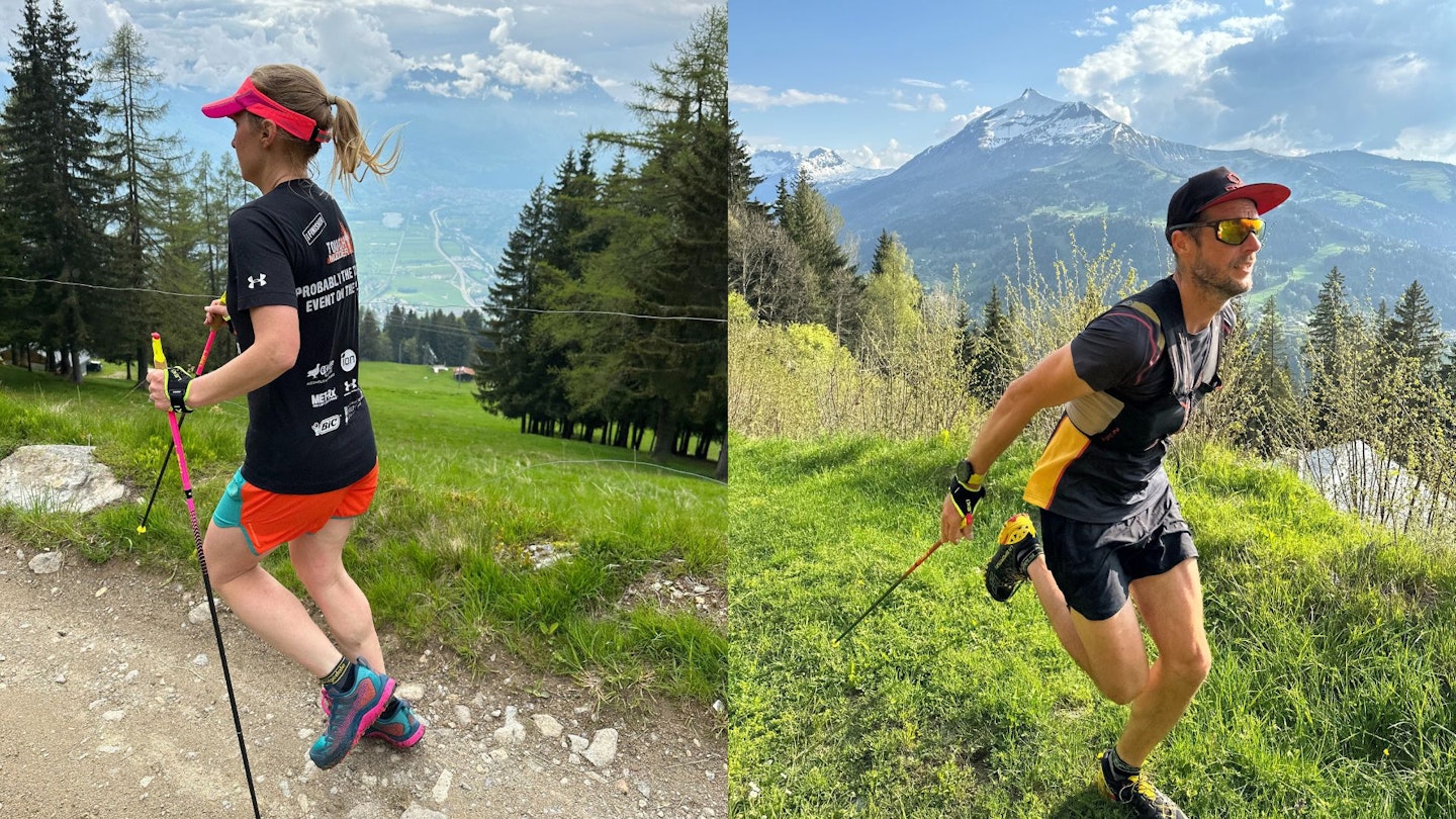 Trail runners using running poles