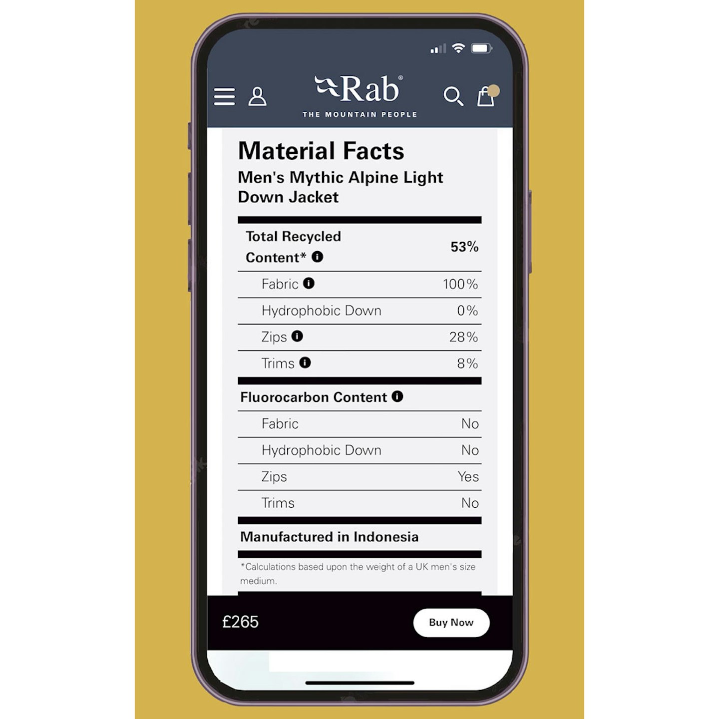 A Rab Material Facts table viewed on a smartphone