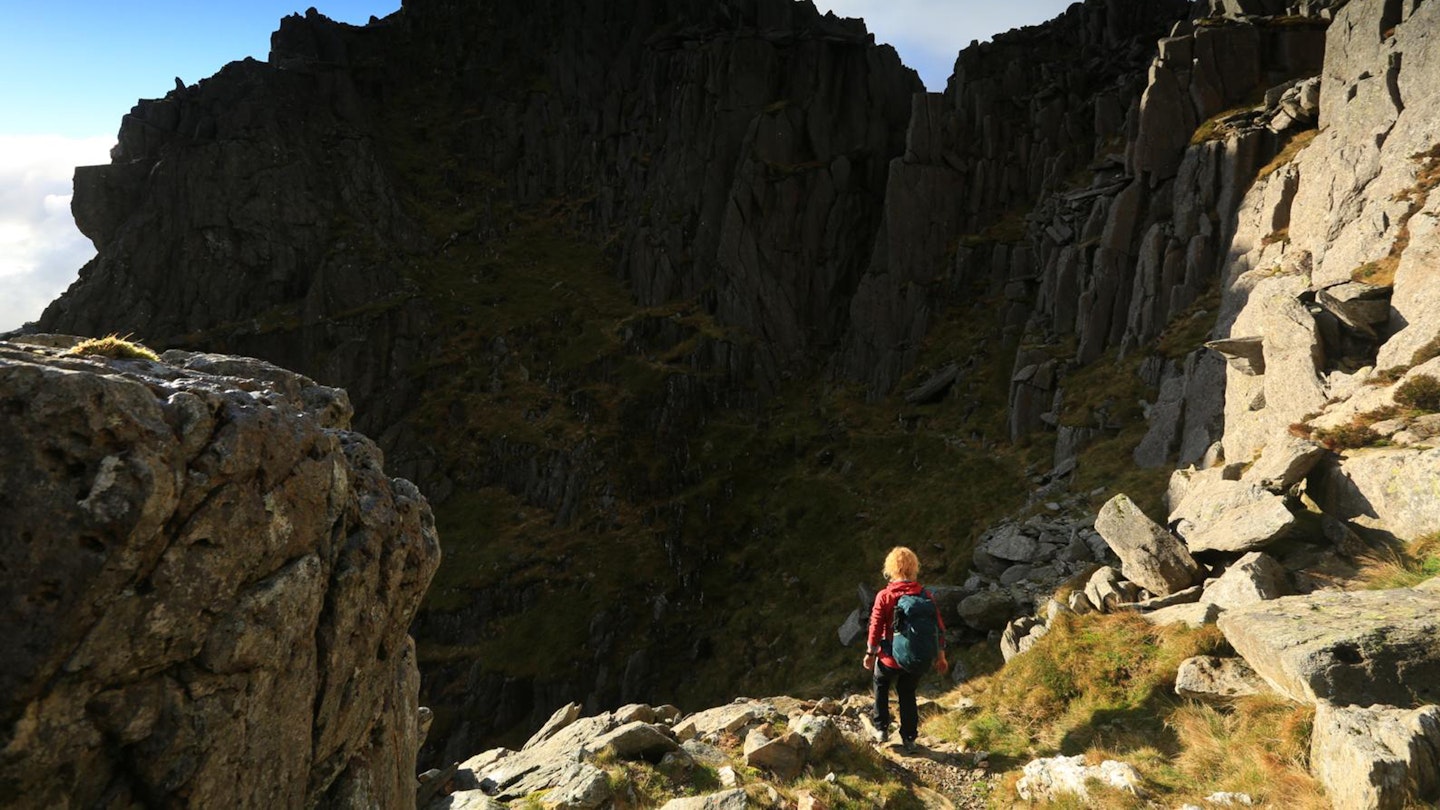 Traversing around the first tower high on Tryfans North Rid