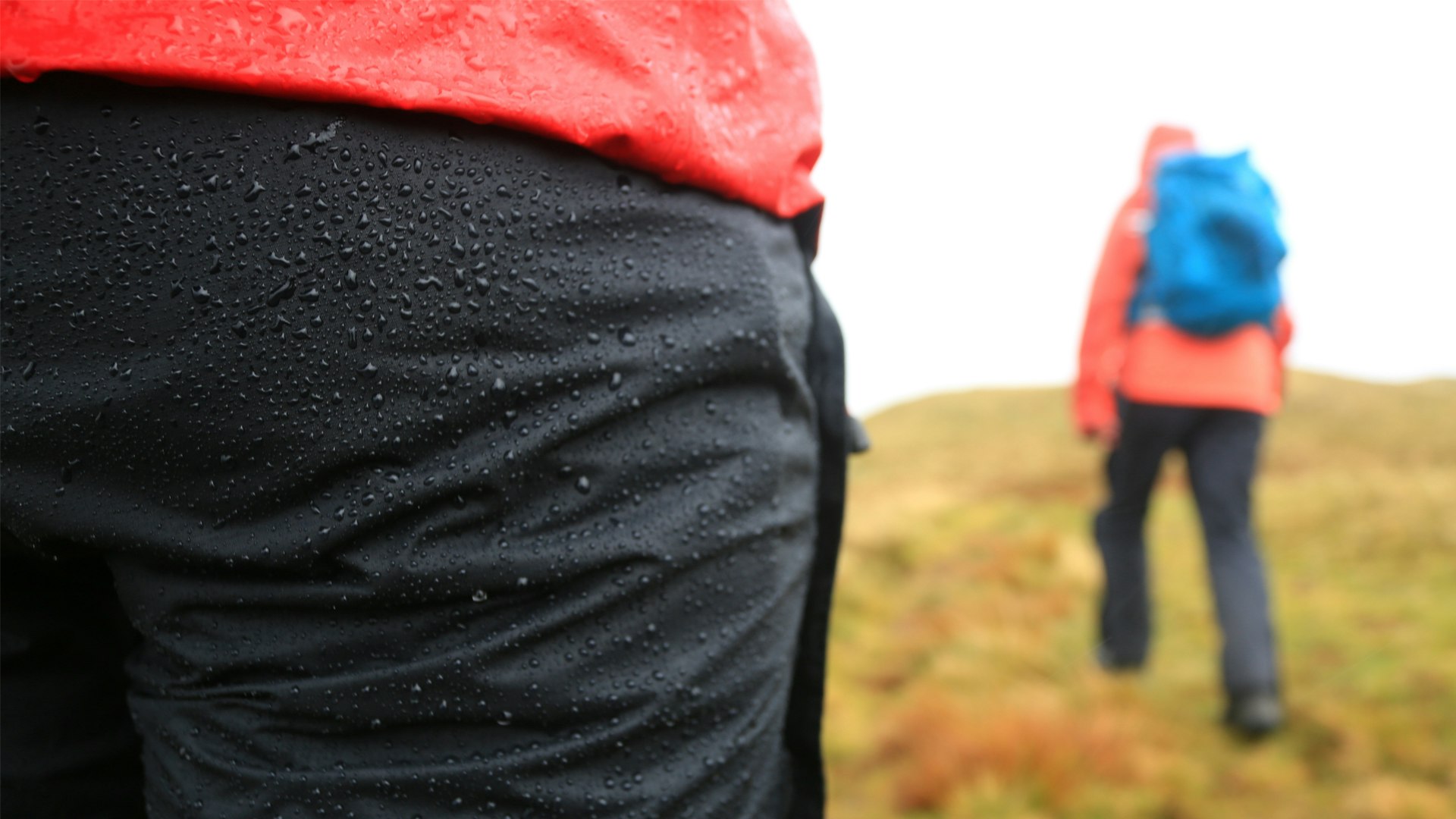 Water beading up on waterproof trousers