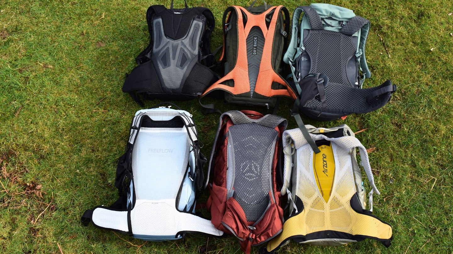 6 hiking daypacks showing different back systems