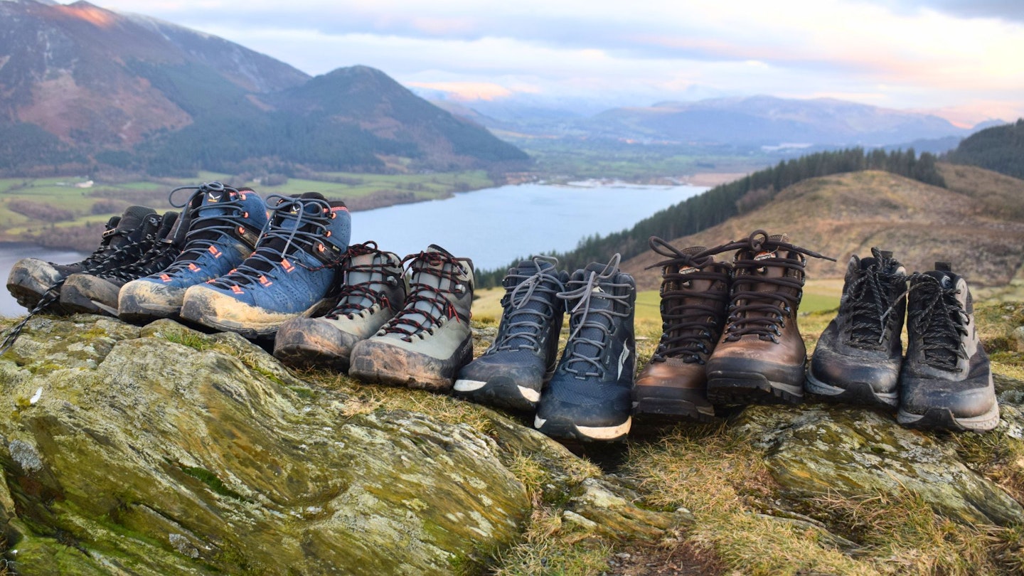 Test walking boots all lined up on a hillside