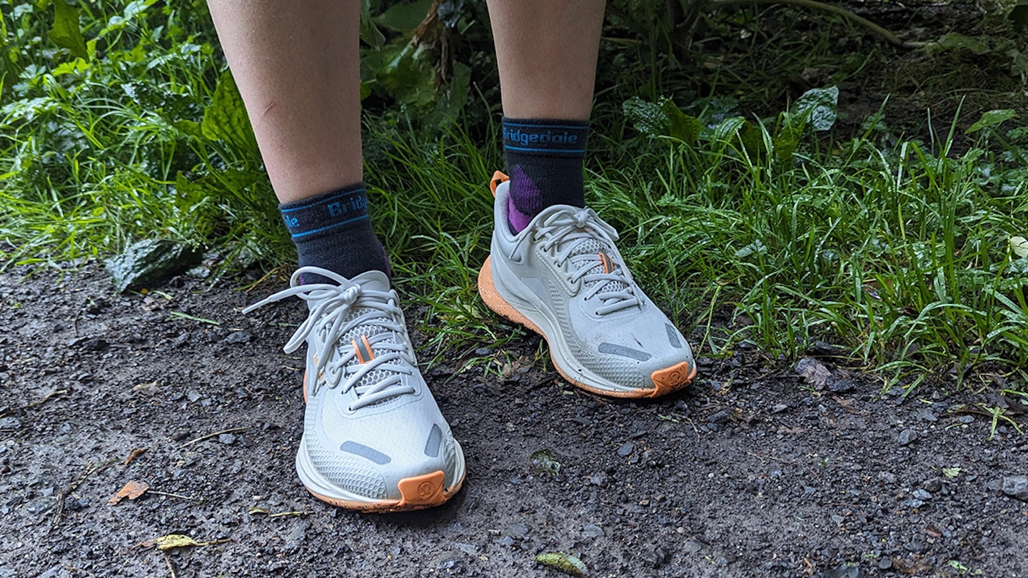 lululemon blissfeel trail shoe in action on the trails