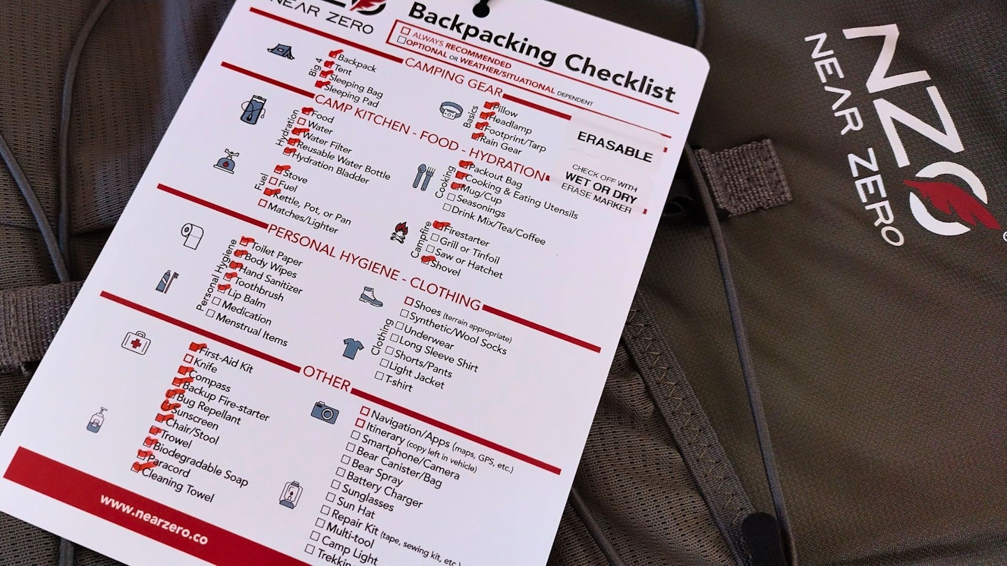 Near Zero backpacking checklist with logo in the corner
