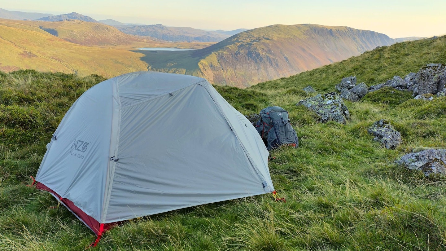 Near Zero Dynalite 2P tent with mountains in background