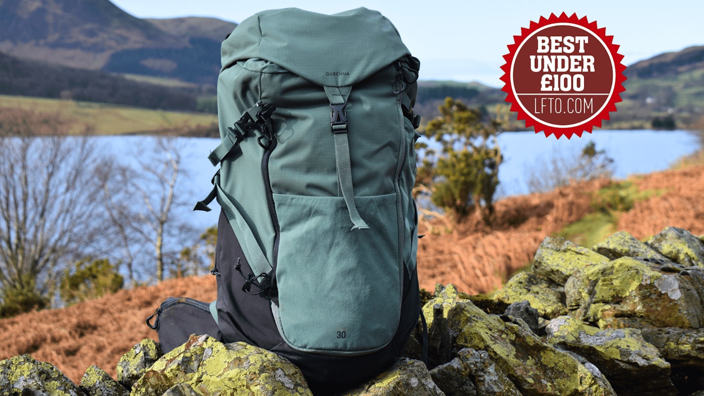 Decathlon Quechua Mountain Walking 30L Backpack MH500 on a wall with award logo overlay