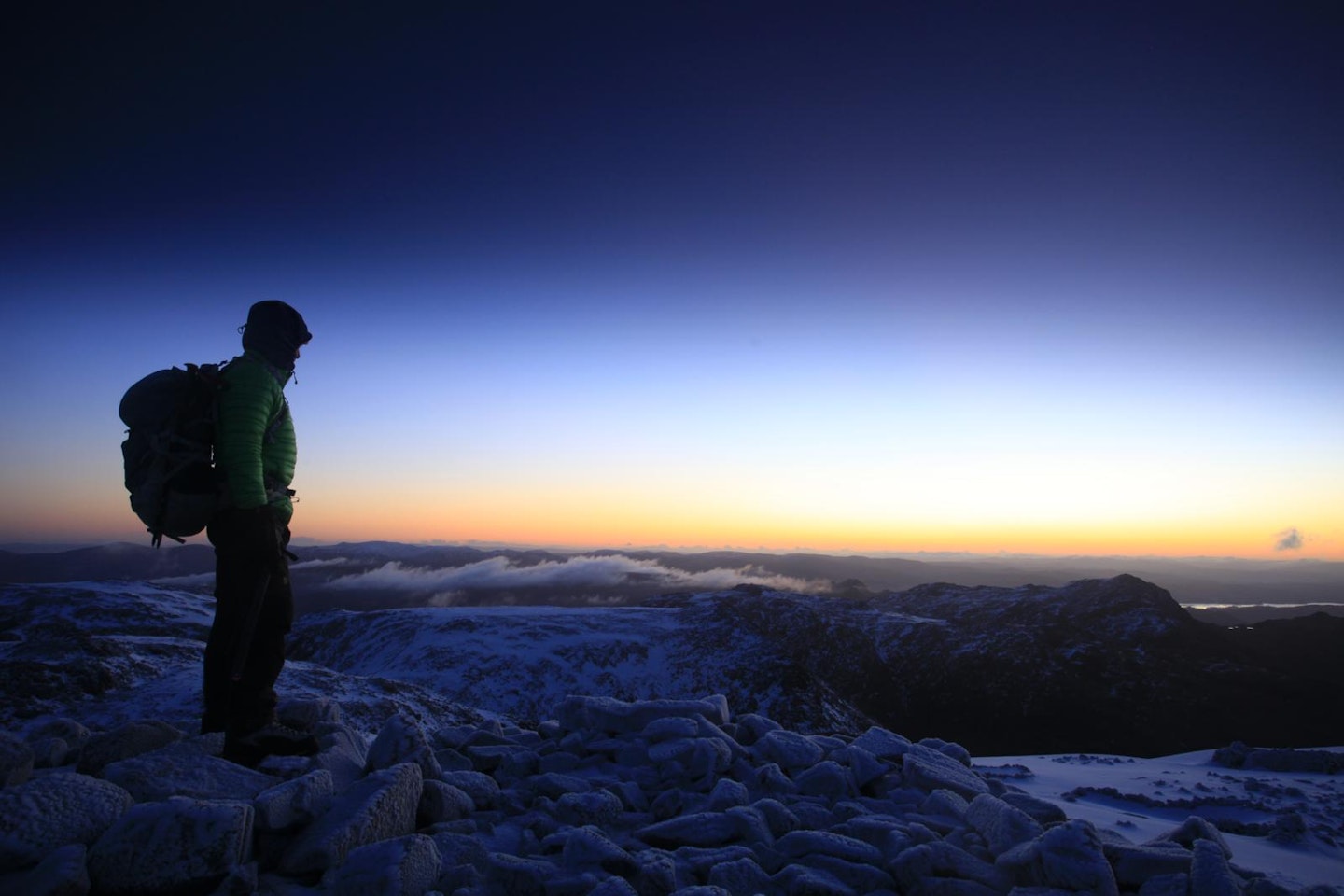 Scafell Pike summit winter dawn