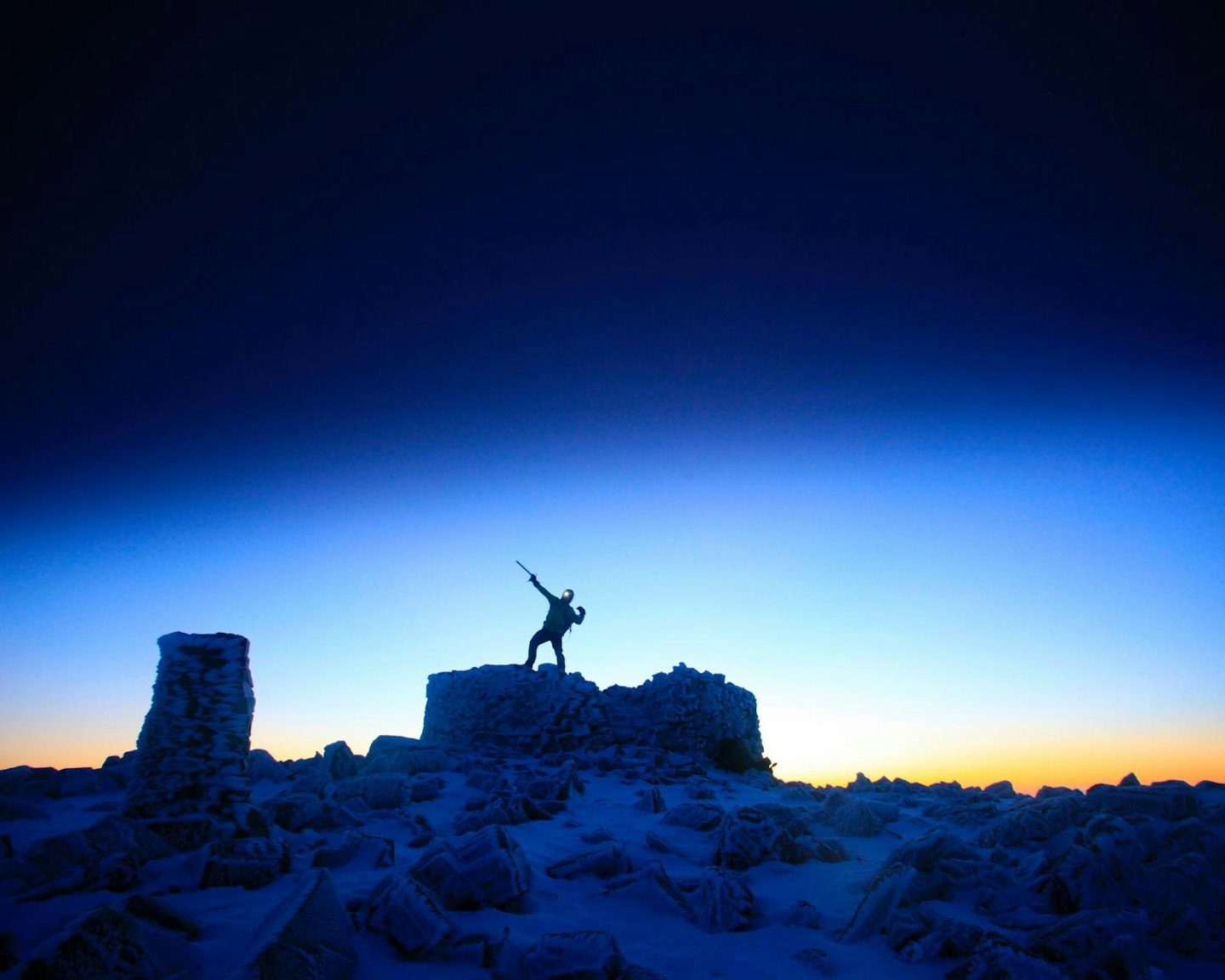 Winter sunrise on Scafell Pike summit