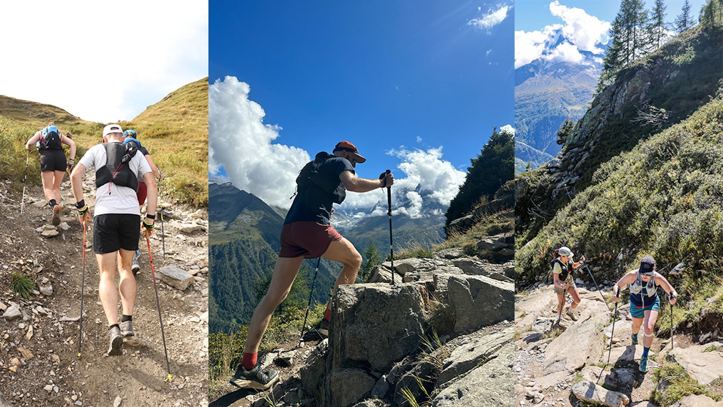 runners with poles in the alps