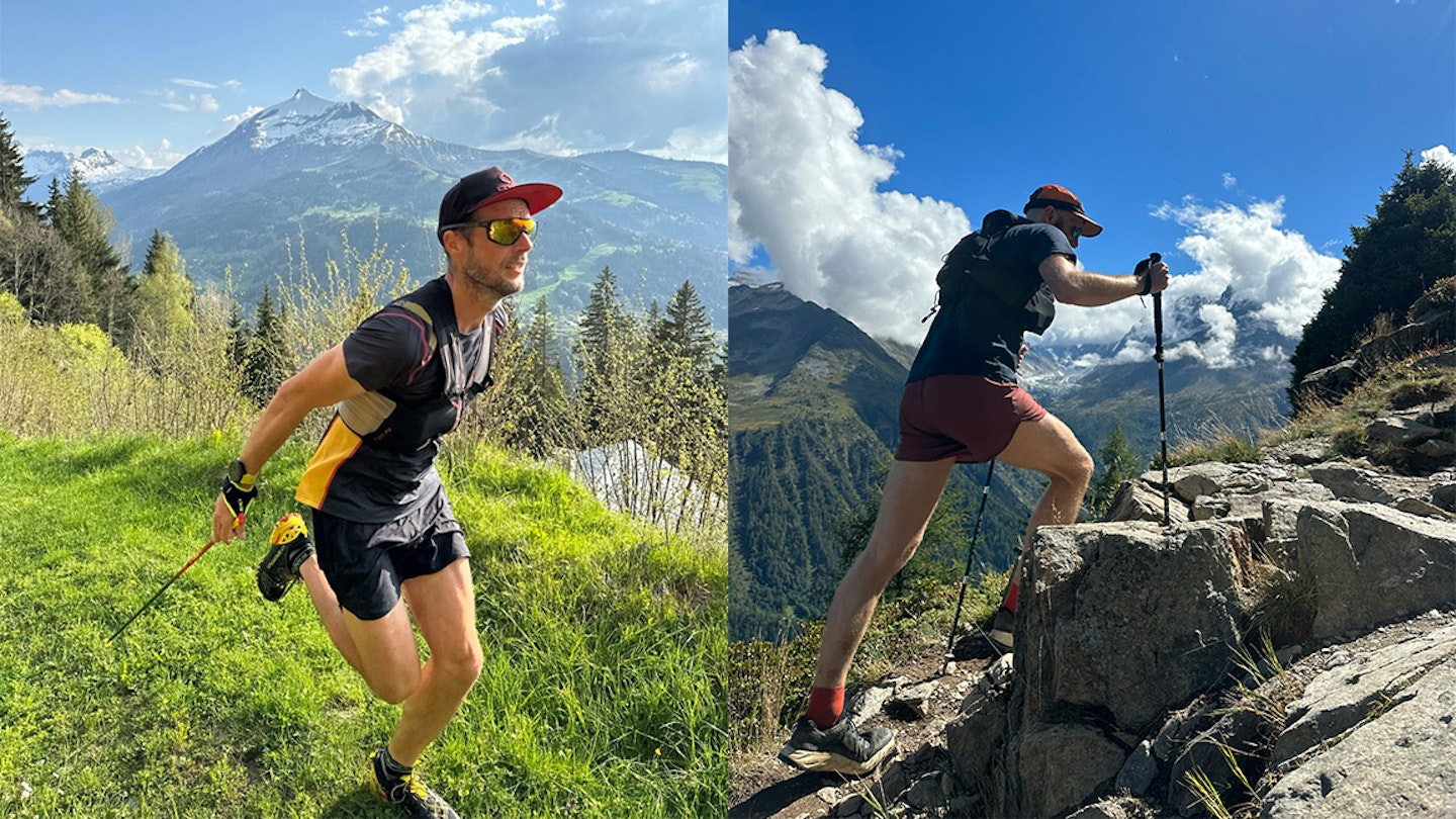 runners with poles in the alps