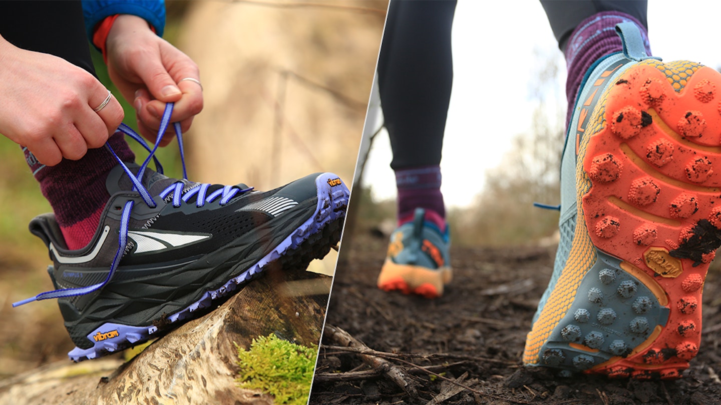 two pairs of trail running shoes