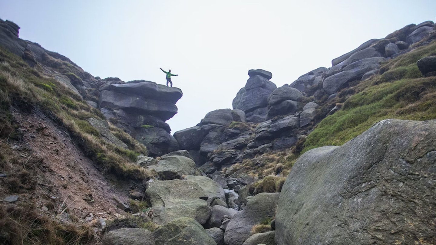 Scrambling up Crowden Clough, Kinder Scout, Peak District