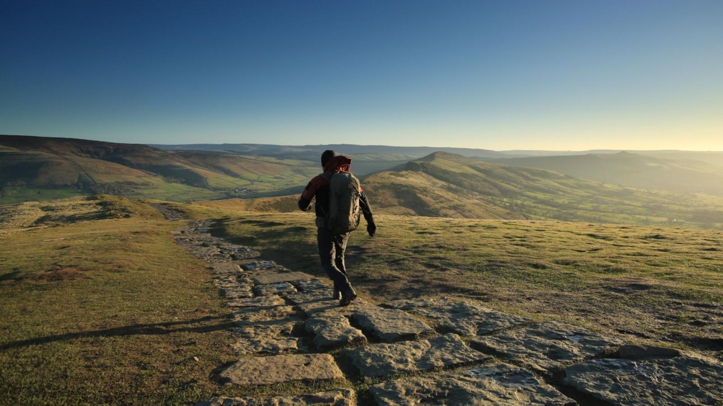 Walker on The Great Ridge, Mam Tor, Peak District