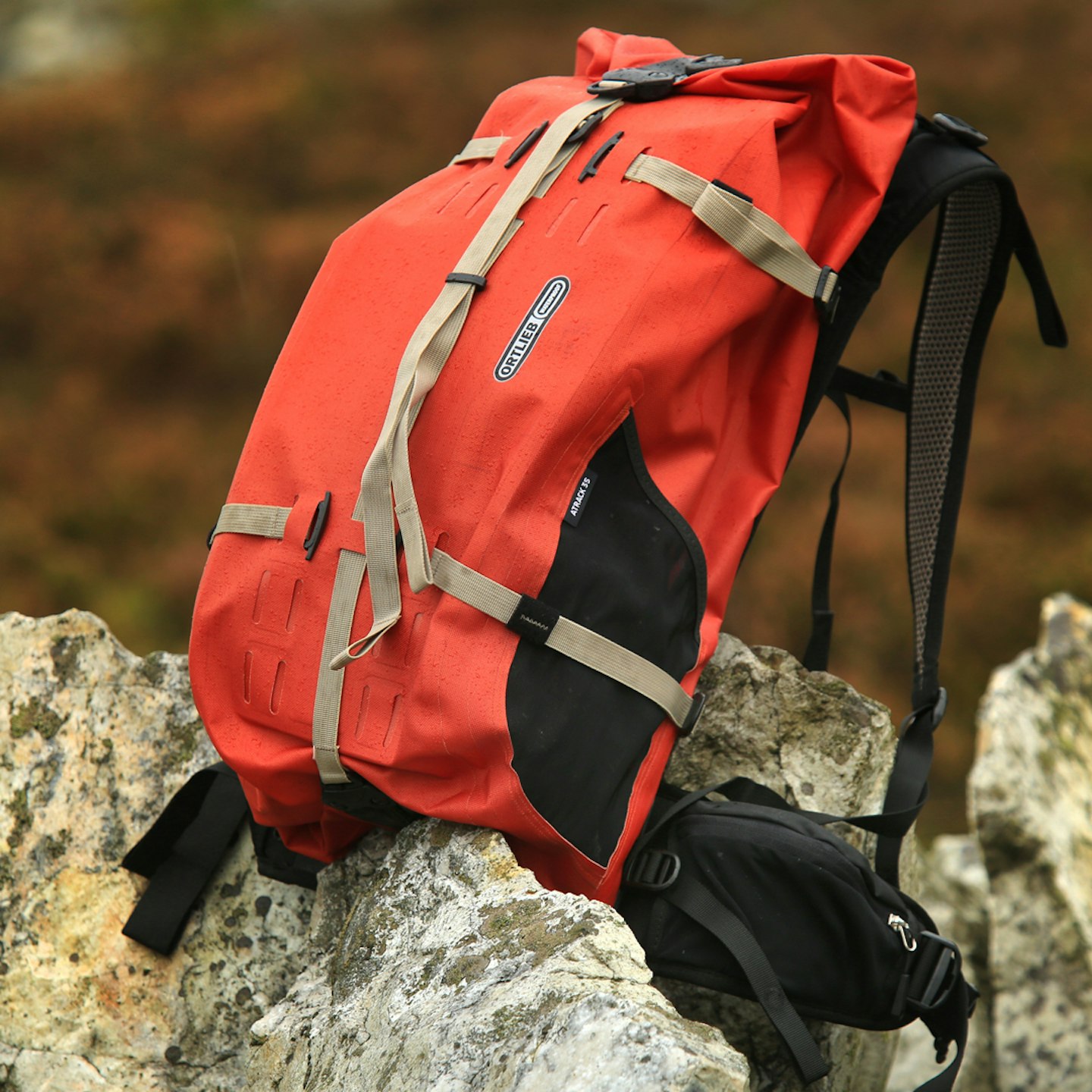 Ortlieb Atrak 35L waterproof backpack on a rock