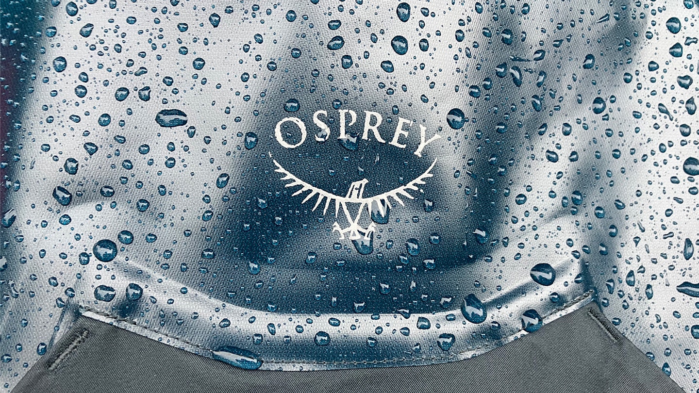 Water beading during our Storm Babet test of the Osprey Transporter WP 30 backpack