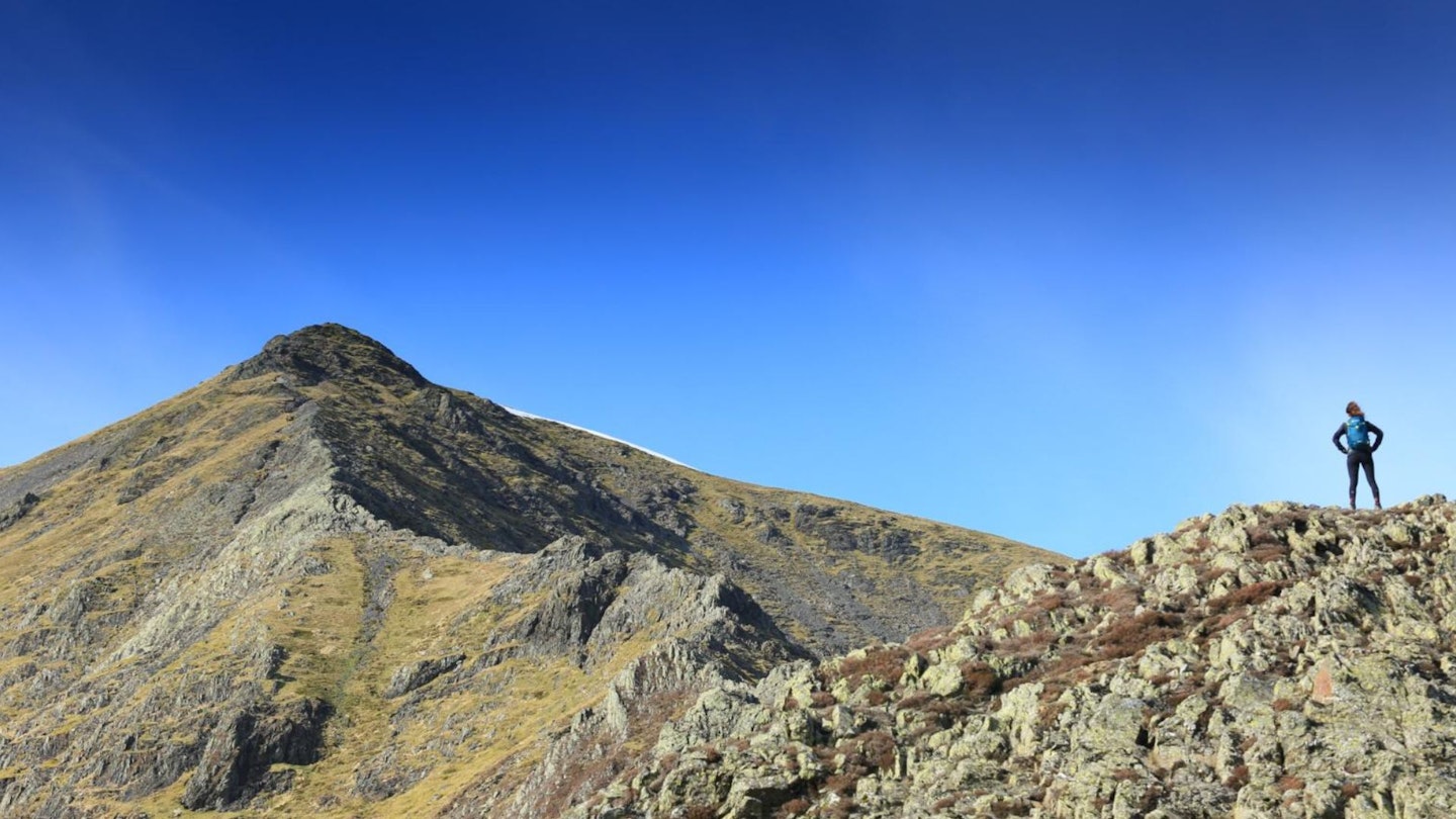 Hiker on Hall's Fell Ridge Ble cathra walks from Keswick