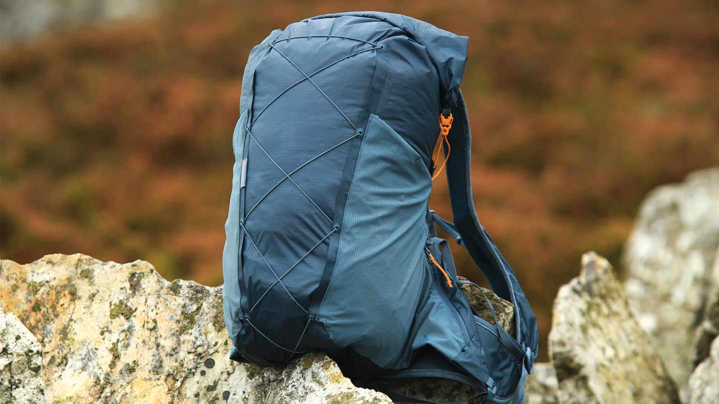 Montane Trailblazer waterproof backpack on a rock