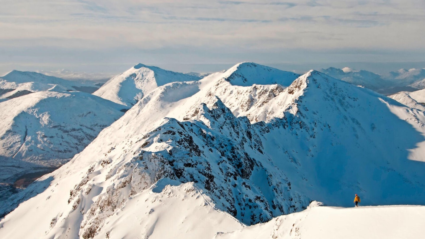 aonach eagach ridge with a person on it in winter