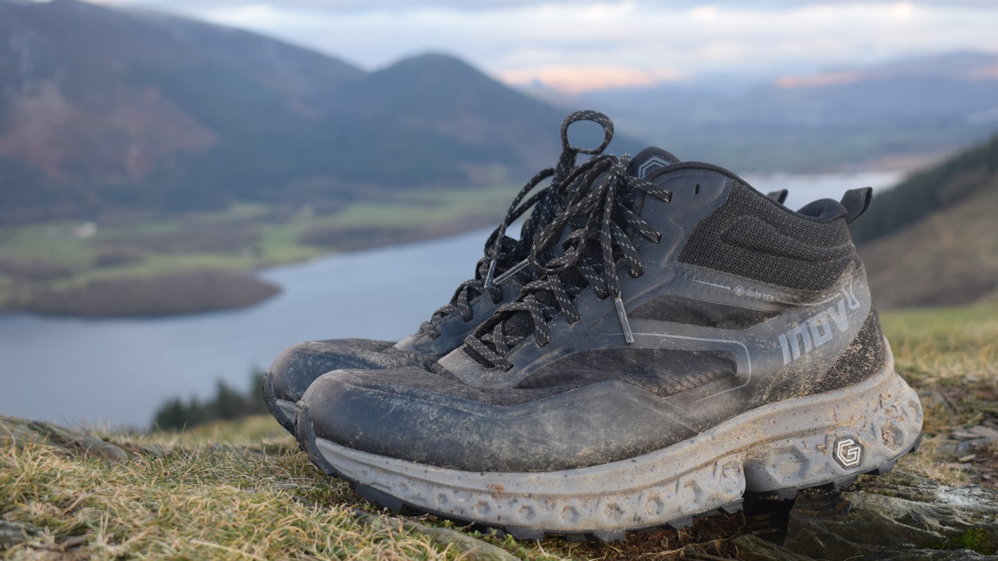 Inov8 rocfly G 390 GTX walking boots on a hill in the lake district