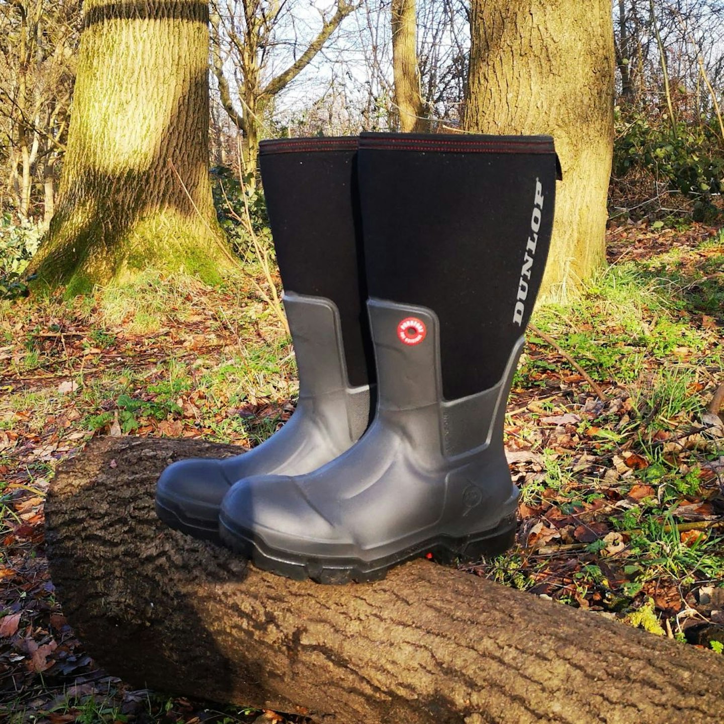a pair of dunlop snugboots on a log
