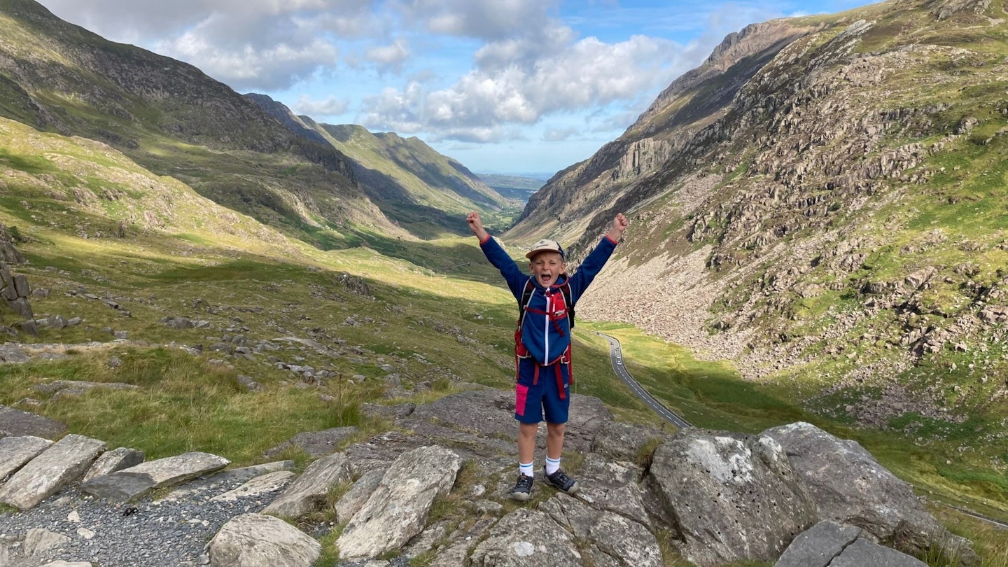 Climbing Snowdon with children, atart of the Snowdon Pyg Track above Pen y Psss