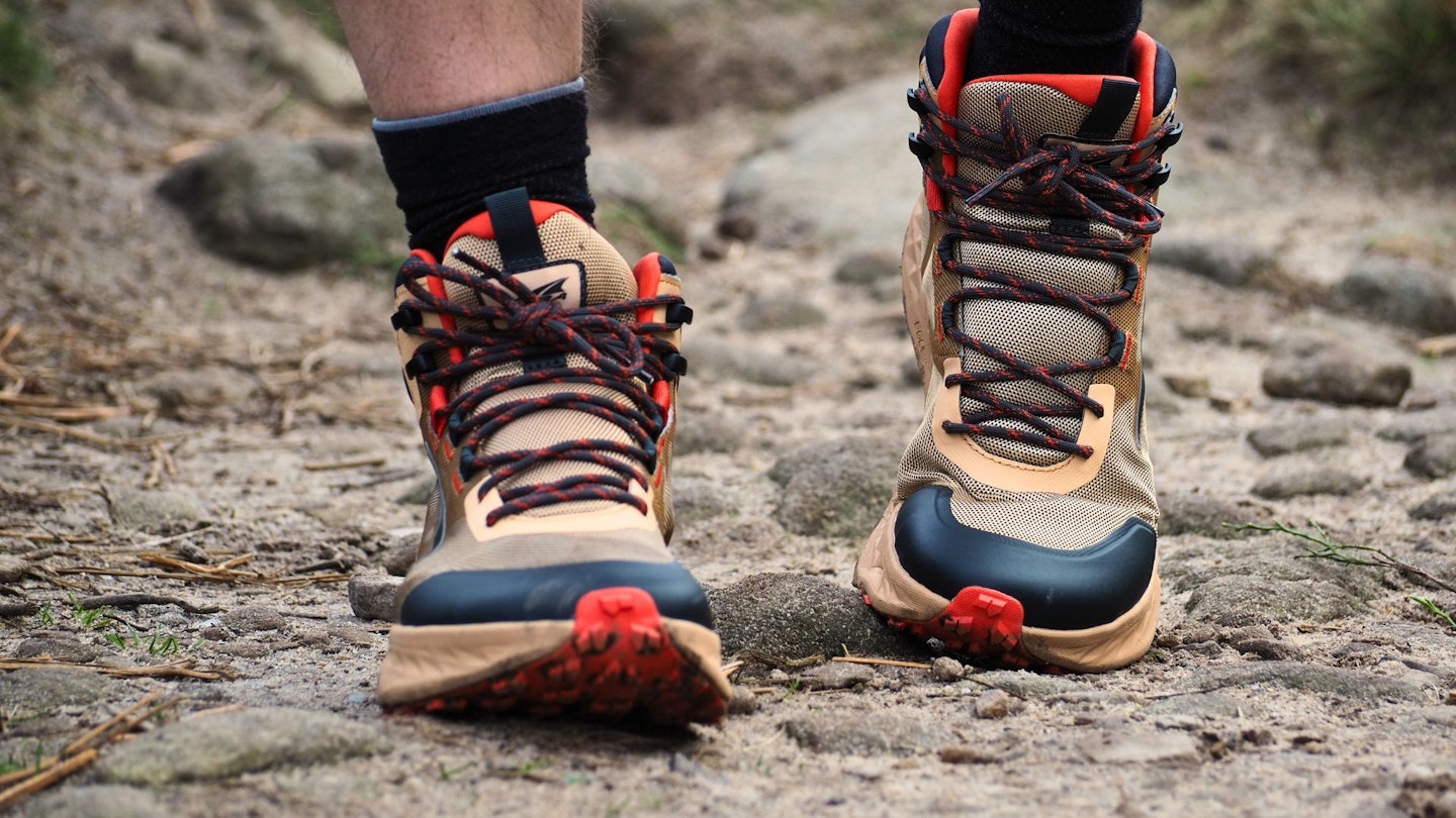 Closeup of LFTO testing walking in Altra Timp Hiker