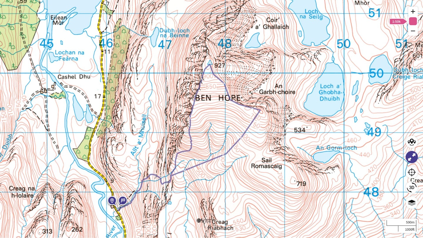 Ben Hope walking route Ordnance Survey map
