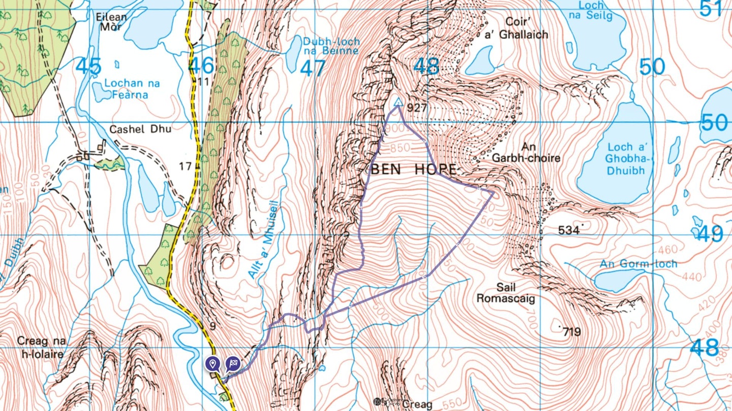 Ben Hope walking route Ordnance Survey map