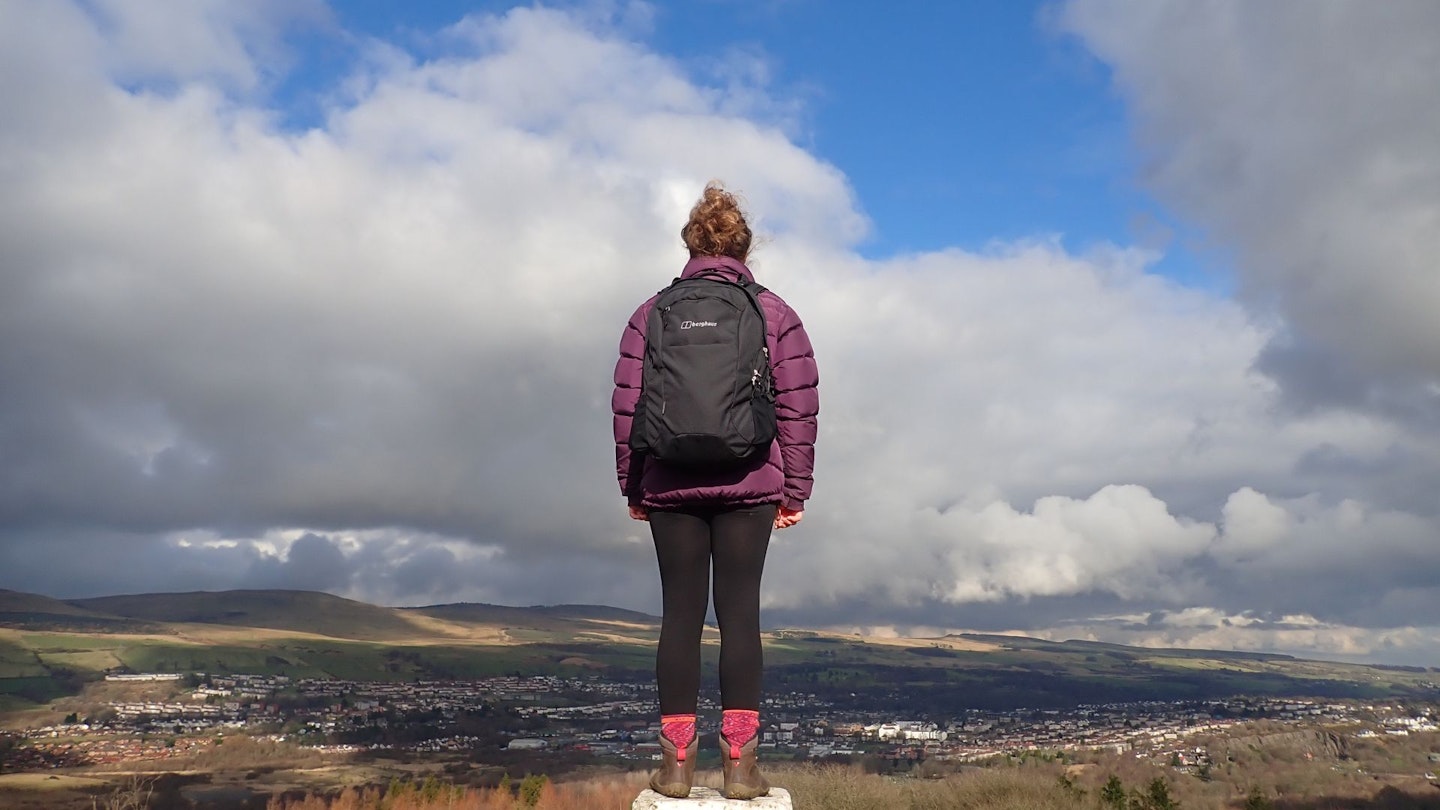 Berghaus Trailbyte 30L worn on top of a cairn in the middle of North Lanarkshire