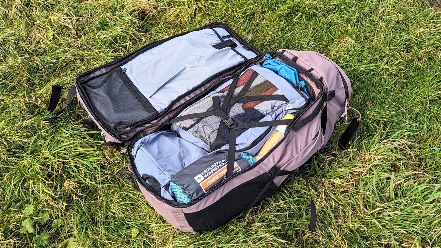 Decathlon Forclaz Women's Travel 900 60+6L Backpack open with gear inside