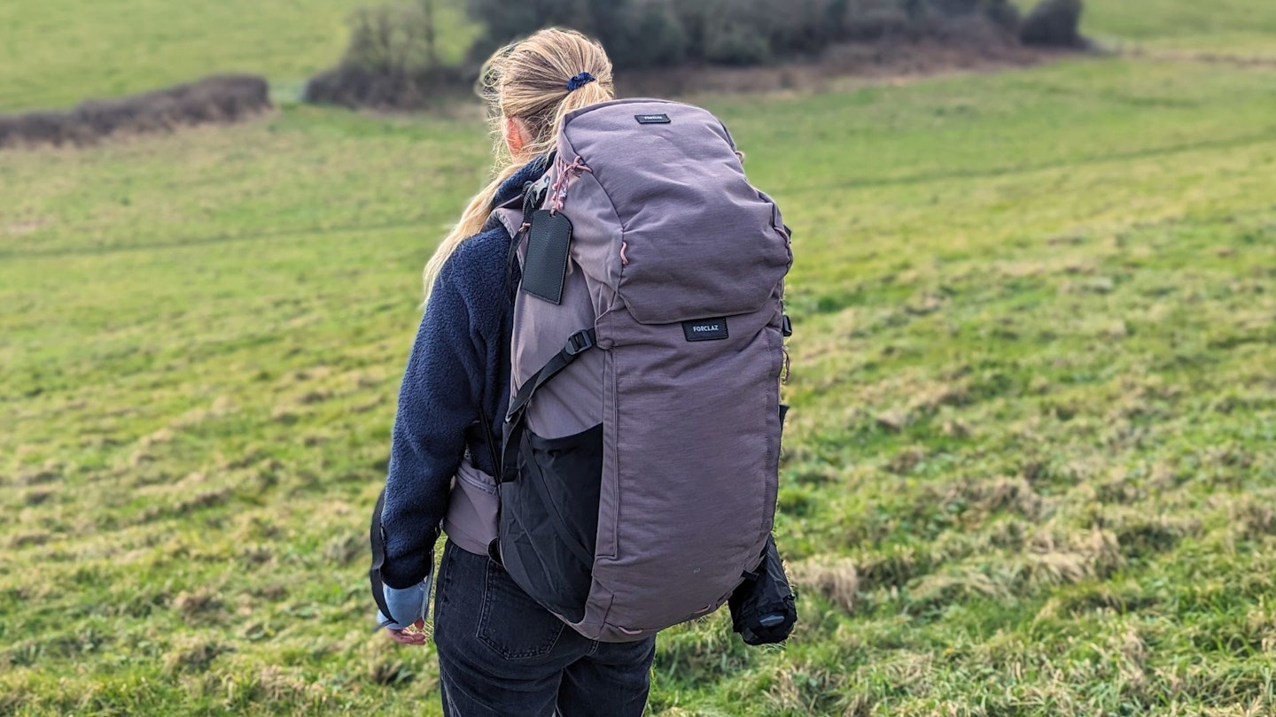 Rear view of Decathlon Forclaz Women's Travel 900 Backpack being worn