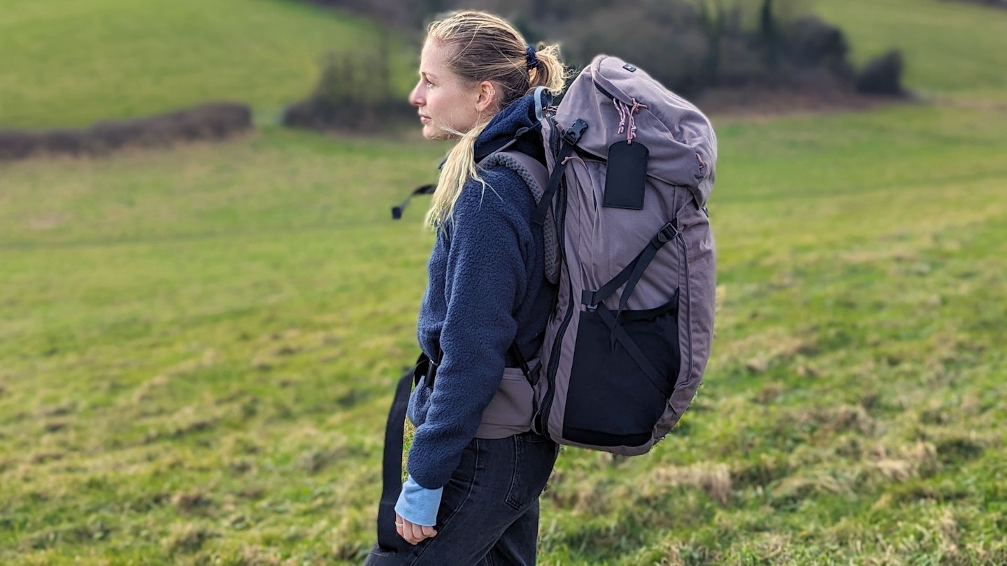 Our tester Kate wearing Forclaz Women's Travel 900 Backpack