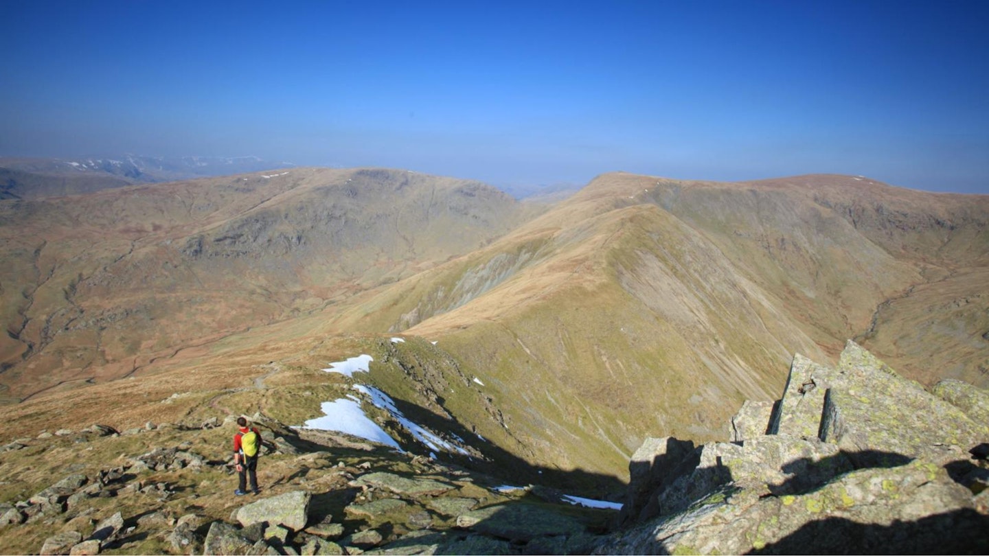 Walker heading for Froswick from Ill Bell Summit Kentmere Horseshoe Lake District