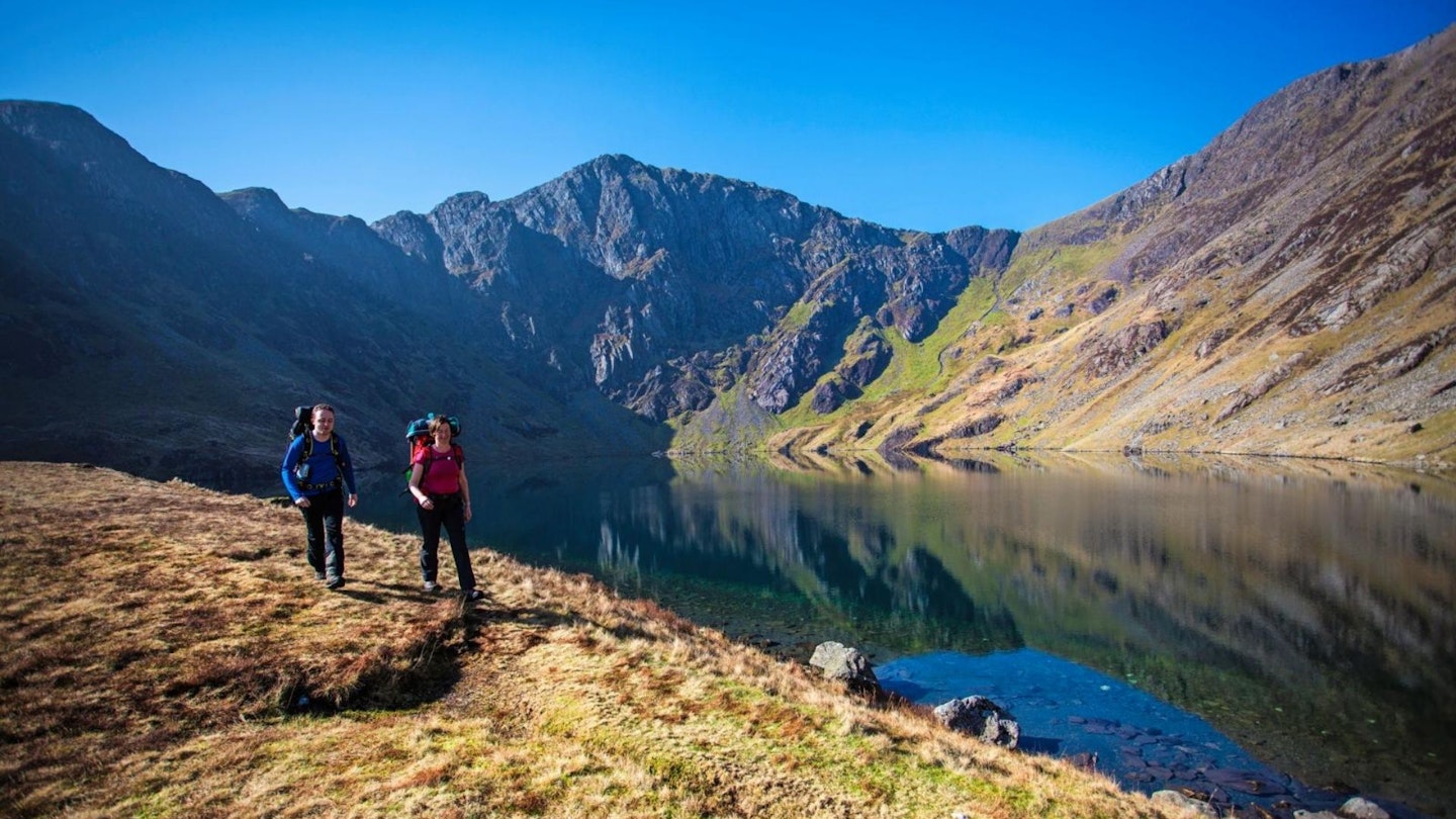 Hikers at Llyn Cau Cadair Idris Minffordd Path Snowdonia