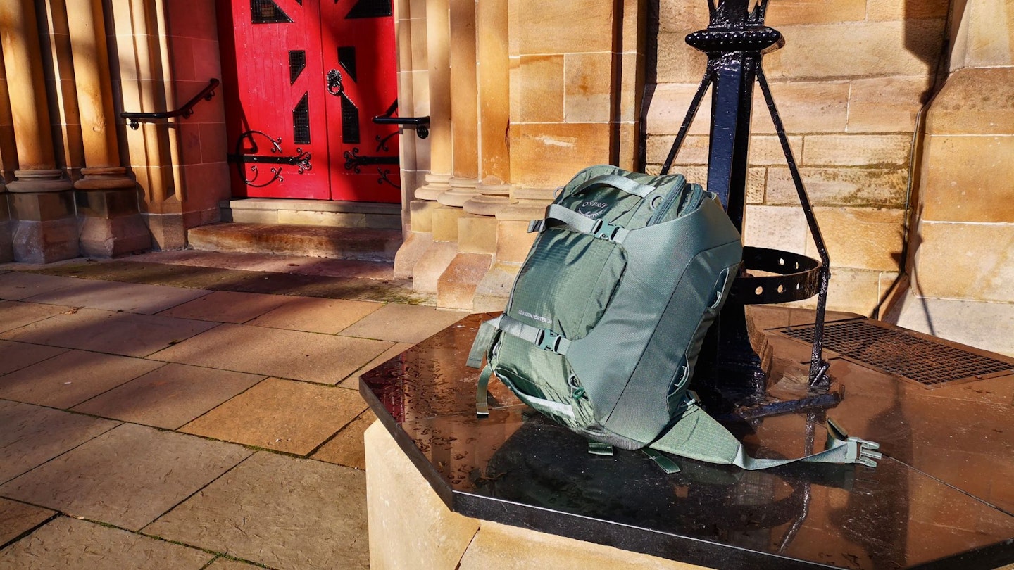 Osprey Sojourn Porter 30L doing some sightseeing next to a giant church