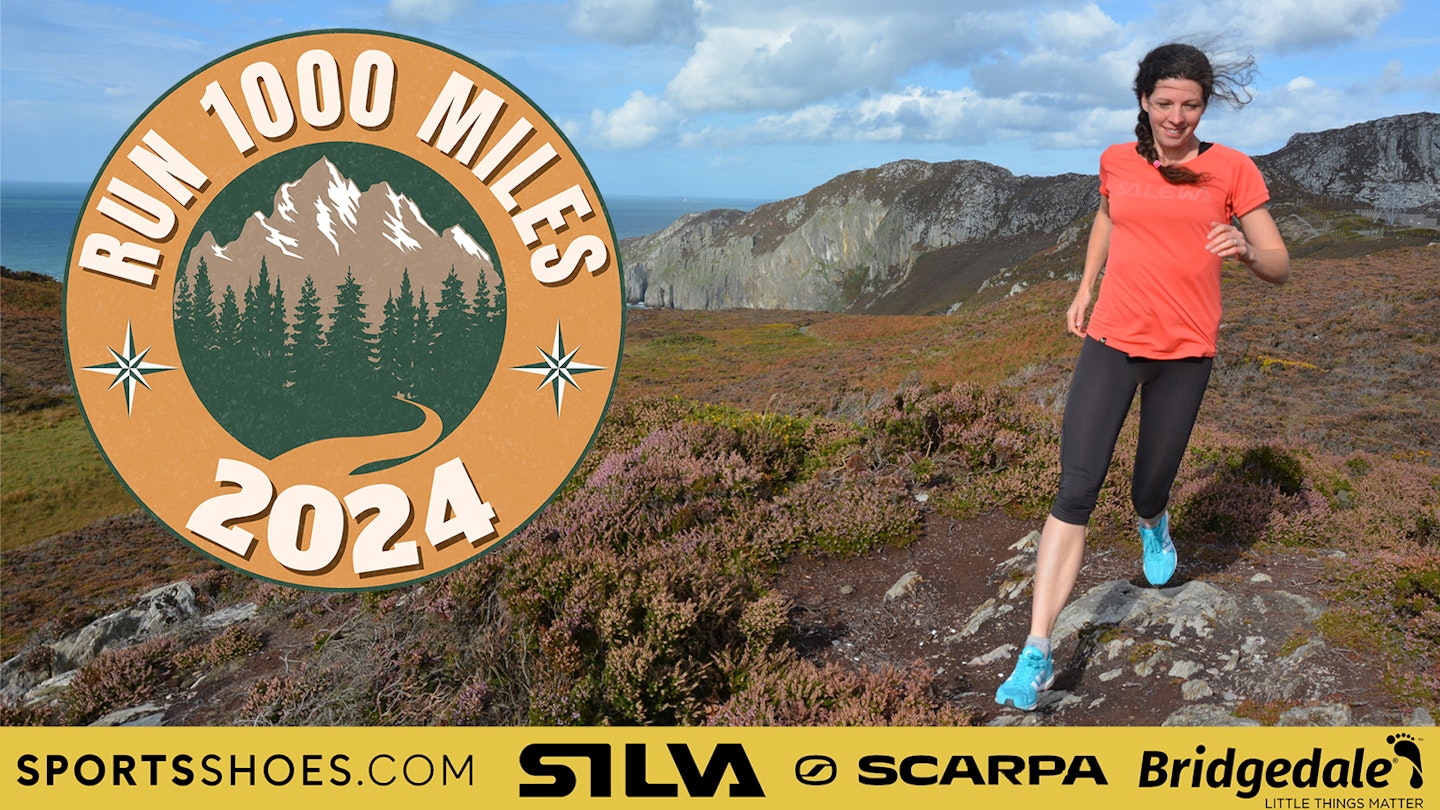 Run 1000 miles logo and banner on a trail runner